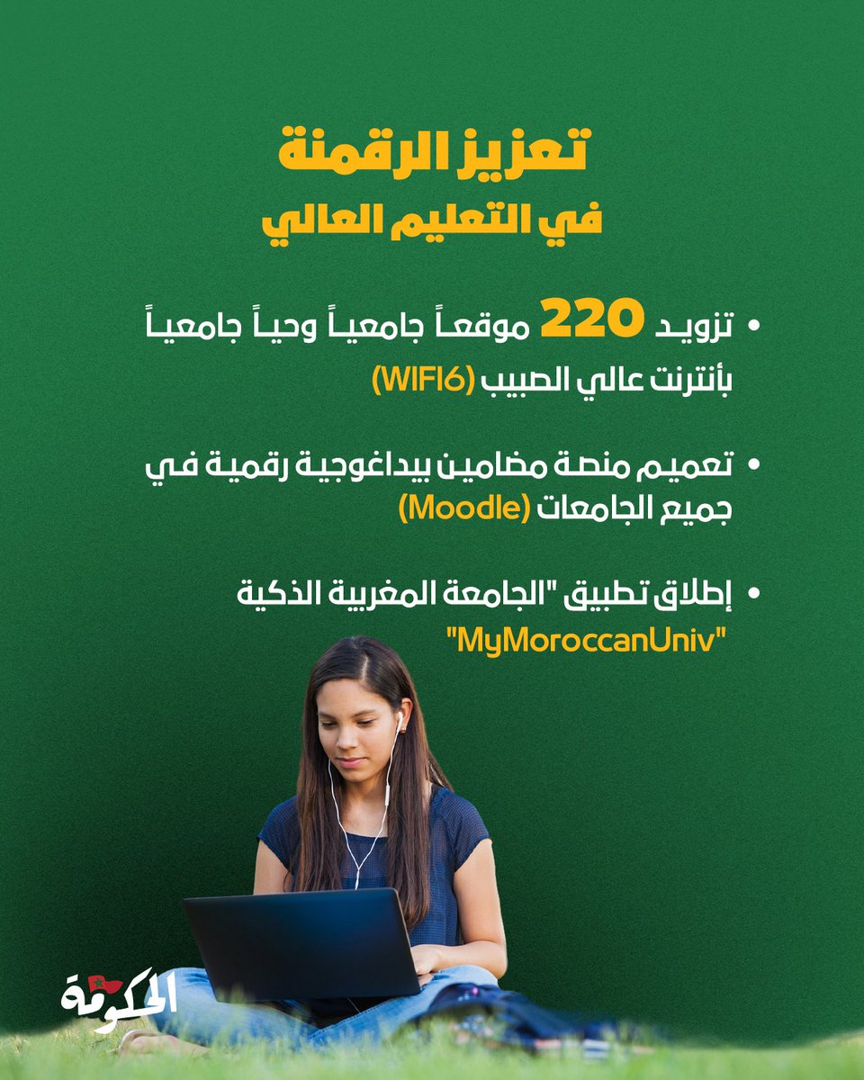 ‌أفاد رئيس الحكومة عزيز أخنوش خلال جلسة عمومية بالبرلمان، أن وزارة التعليم العالي والبحث العلمي والابتكار، أطلقت تطبيق الجامعة المغربية الذكية MyMoroccanUniv، لفائدة الطلبة الجامعيين في إطار ورش التحول الرقمي بالجامعات المغربية. عبر تزويد 220 موقعا جامعيا وحيا جامعيا في جميع