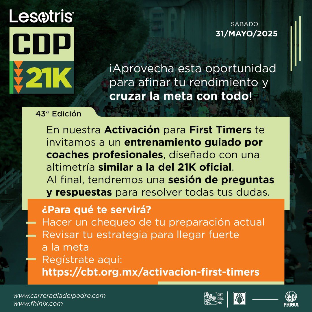 ¡Prepárate para tu primer 21K!
Regístrate a nuestra Activación para First 
Regístrate aquí 👉 cbt.org.mx/activacion-fir… 
🗓 Fecha: sábado 31 de mayo
🕖 Hora: 07:00 am
📍 Lugar: Estacionamiento 4, frente al parque Aztlán
2ª Sección del Bosque de Chapultepec
maps.app.goo.gl/E8NvngXT69FpGe…