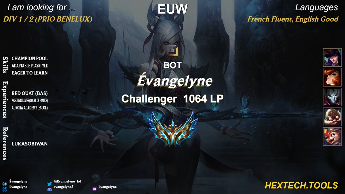 Hello!
After 2 splits with Red Ouat, I’m now allowed to look for other offers. I’m mainly looking for a team in Division 2 or Division 1 that will help me improve and become a better player.

Role: ADC
You can contact me here or on Discord: evangelyne8

RT &amp; 🩷appreciated!
