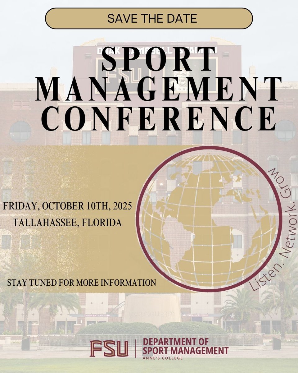 FSUSport's tweet image. π¨ SAVE THE DATE! π¨
The FSU Sport Management Conference returns Oct. 10, 2025, in Tallahassee!
π€ Listen. Network. Grow.
πΌ Big names. Bigger opportunities.
Details coming soon π
#FSUSPM #nolesknowsports