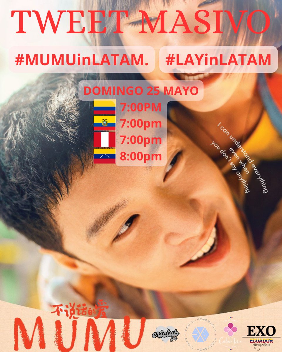 EXO-L, nos unimos con <a href="/Eries_Col/">EXOL - Colombia</a> <a href="/EXOEcuador_OFc/">EXO Ecuador Fanclub</a> y <a href="/exolvenezuelafb/">EXO-L VENEZUELA</a> para pedir a Lay en nuestros cines, puede unirte si eres de otros países. Queremos ver a <a href="/layzhang/">Lay Zhang</a> en pantalla grande ❤️