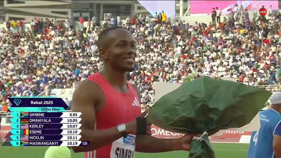 Akani Simbine tops the Men's 100m in Rabat with a time of 9.95 🇿🇦🔝

Omanyala claims the second spot with Kerley completing the podium 🇰🇪🇺🇸

📺 Stream #RabatDL on DStv: tinyurl.com/4wrtdwtb