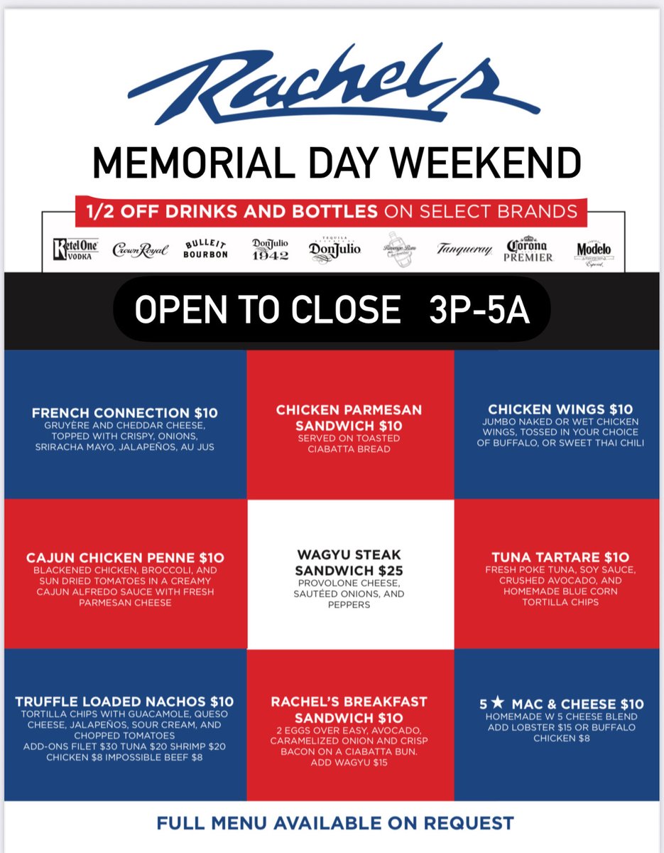 RachelsPB's tweet image. Memorial Day Weekend
Open til close
$10 menu
1/2 off select drinks

#PalmBeach