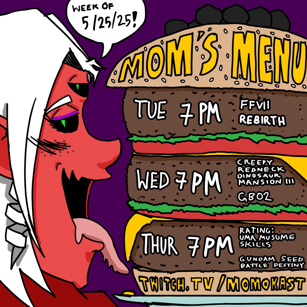mommilph's tweet photo. STREAM SCHEDULE FOR THE WEEK!
IT'S A BIG ONE, BABY!
5/27: FFVII REBIRTH PART 2
5/28: CRDMIII PART 3 / GBO2
5/29: I'm rating all the Pull/Skill Use Animations for Uma Musume There's over 100! AAAAAAA! And then Gundam SEED BATTLE DESTINY PART 2
https://t.co/SMItA6PfJe
#MomsMenu https://t.co/WX8hG2TthW