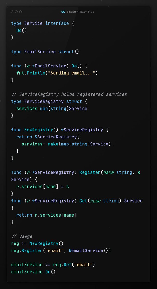 nilotpaul_n's tweet image. Singleton Pattern in Go with Interfaces (and a map)
The singleton pattern ensures that only one instance of a certain type is used throughout the application. It’s often used for shared resources like config, DB connections, or in this case, a simple service interface.
But…