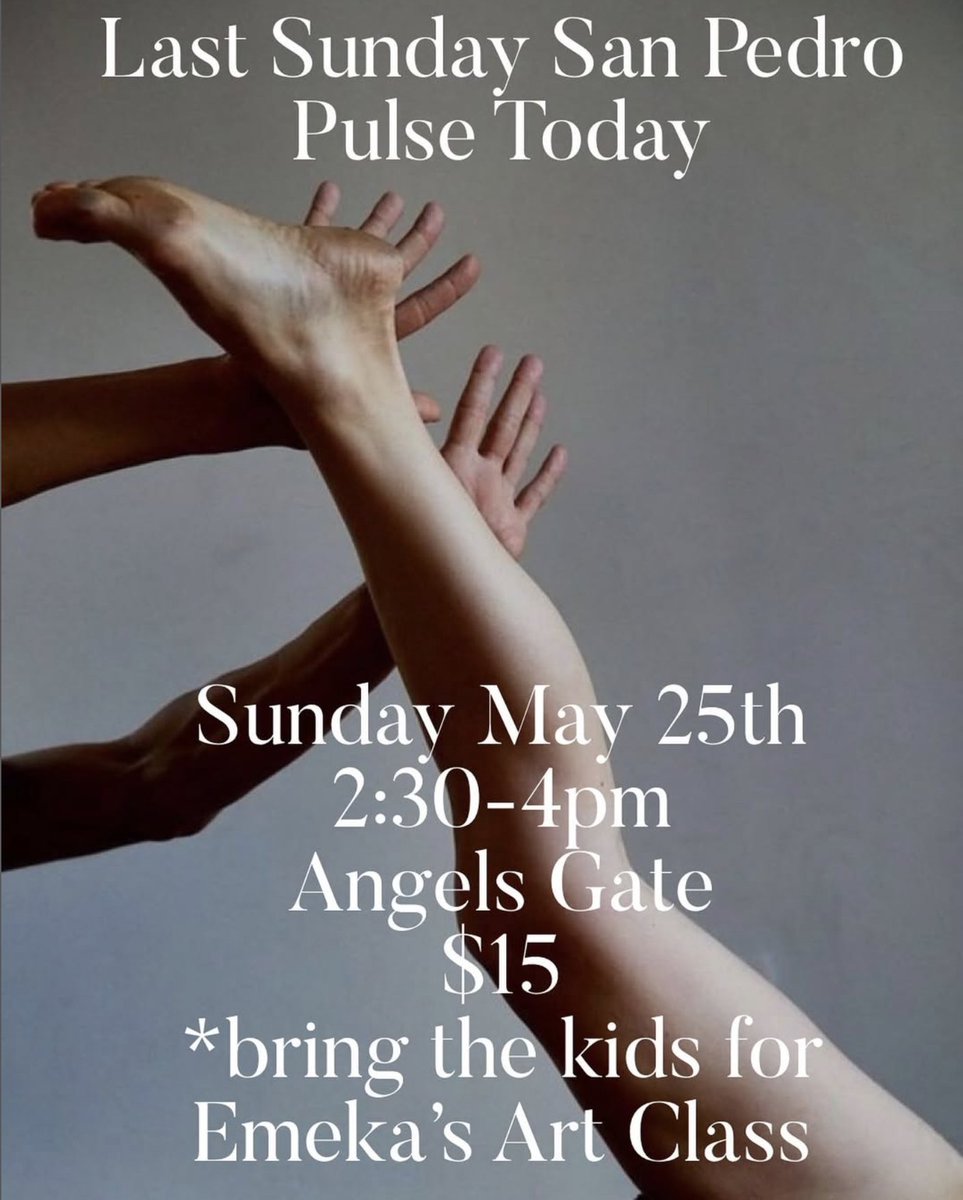 AngelsGateArt's tweet image. LAST Sunday Pulse class with Jasmine Albuquerque today, May 25, 2:30–4pm at AGCC + kids' art class with Emeka! New Pulse schedule: Wednesdays at 10am starting June 11th, kids art TBD. Stay tuned! $15

#AngelsGateCulturalCenter #PulseDance #ContemporaryDance #SanPedro #DanceClass