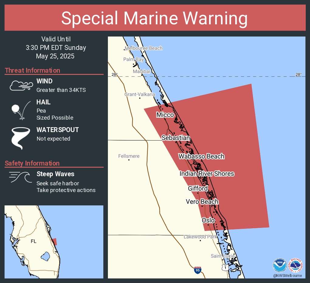 Special Marine Warning including the Volusia-Brevard County Line to Sebastian Inlet 0-20 nm and Sebastian Inlet to Jupiter Inlet 0-20 nm until 3:30 PM EDT