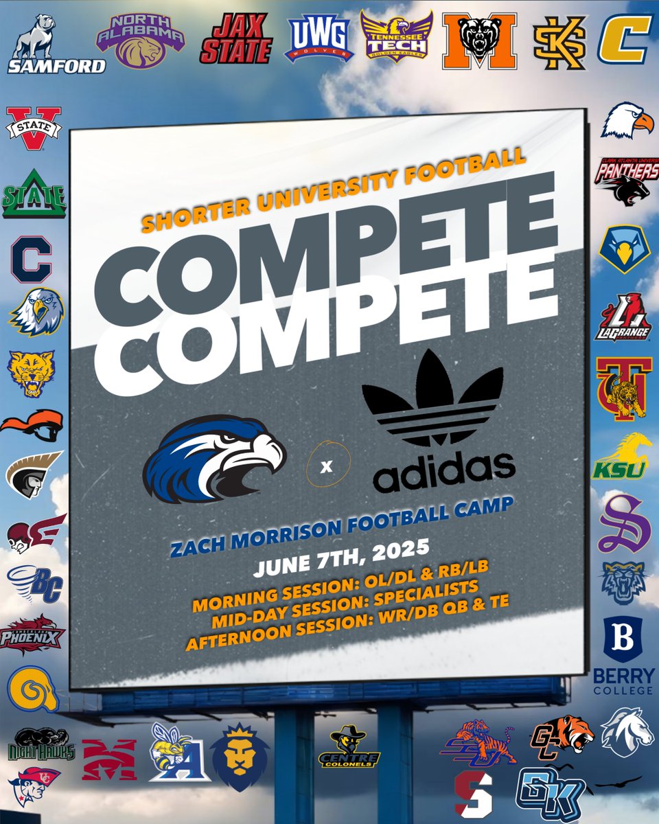 Zach Morrison (@coachmorrison58) on Twitter photo CAN'T WAIT TO SEE THE TALENT AT ZACH MORRISON CAMP IN ROME, GA!
June 7th is going to be ELITE!
More Colleges Just Added! Sign Up TODAY!
…hmorrisonfootballcamps.totalcamps.com/shop/EVENT
<a href="/SUHawkVision/">HawkVision</a> <a href="/Shorter_FB/">Shorter Hawks Football</a> <a href="/shorteruniv/">Shorter University</a> <a href="/Coach_HJacobs/">CoachHarlen Jacobs</a> CAN'T WAIT TO SEE THE TALENT AT ZACH MORRISON CAMP IN ROME, GA!
June 7th is going to be ELITE!
More Colleges Just Added! Sign Up TODAY!
…hmorrisonfootballcamps.totalcamps.com/shop/EVENT
<a href="/SUHawkVision/">HawkVision</a> <a href="/Shorter_FB/">Shorter Hawks Football</a> <a href="/shorteruniv/">Shorter University</a> <a href="/Coach_HJacobs/">CoachHarlen Jacobs</a>