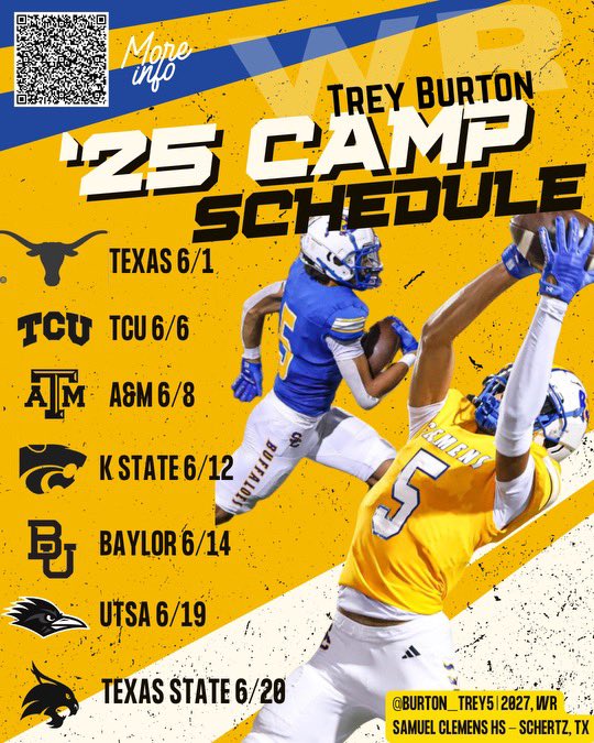Trey Burton (@burton_trey5) on Twitter photo Excited to hit the road and compete at these great programs! Looking forward to showing what I can do and connecting with coaches. 💪🏾🏈<a href="/cjrecruiting2/">CJ Recruiting + NIL</a> <a href="/CoachJP3/">Joe Price III</a> <a href="/hjacobs67/">Hank Jacobs</a> <a href="/JacksonGleeFB/">Jackson Gleeson</a> <a href="/TexasFootball/">Texas Football</a> <a href="/TCUFootball/">TCU Football</a> <a href="/AggieFootball/">Texas A&M Football</a> <a href="/KStateFB/">K-State Football</a> <a href="/BUFootball/">Baylor Football</a> <a href="/UTSAFTBL/">UTSA Football 🏈</a> <a href="/TXSTATEFOOTBALL/">Texas State Football</a> Excited to hit the road and compete at these great programs! Looking forward to showing what I can do and connecting with coaches. 💪🏾🏈<a href="/cjrecruiting2/">CJ Recruiting + NIL</a> <a href="/CoachJP3/">Joe Price III</a> <a href="/hjacobs67/">Hank Jacobs</a> <a href="/JacksonGleeFB/">Jackson Gleeson</a> <a href="/TexasFootball/">Texas Football</a> <a href="/TCUFootball/">TCU Football</a> <a href="/AggieFootball/">Texas A&M Football</a> <a href="/KStateFB/">K-State Football</a> <a href="/BUFootball/">Baylor Football</a> <a href="/UTSAFTBL/">UTSA Football 🏈</a> <a href="/TXSTATEFOOTBALL/">Texas State Football</a>