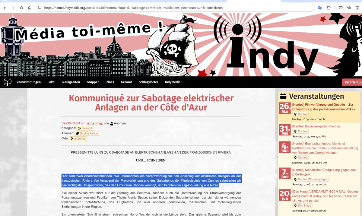 Bekennerschreiben der Antifa zum Anschlag auf das Stromnetz in Cannes!
Wieder waren es Linke!

"Hier sind zwei Anarchistenbanden. Wir übernehmen die Verantwortung für den Anschlag auf elektrische Anlagen an der französischen Riviera."