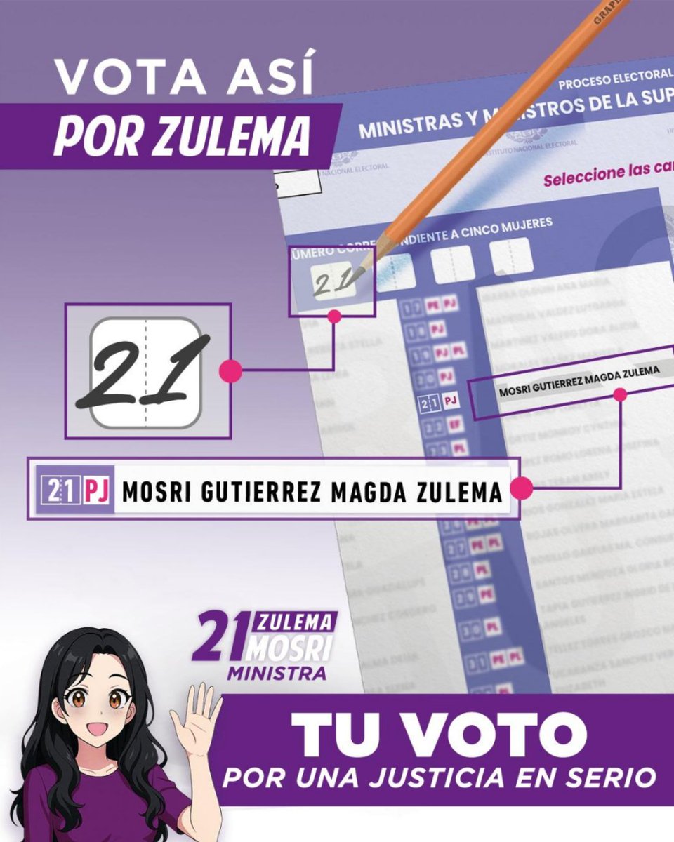 Tu voto puede marcar la diferencia.
Este 1° de junio, decide con convicción.
✍ Escribe 21 en la boleta morada.
Zulema Mosri: firme, preparada y comprometida con una justicia sin privilegios.
En la boleta morada, este 1° de junio, vota 21. 🟣
📍 Consulta tu casilla: