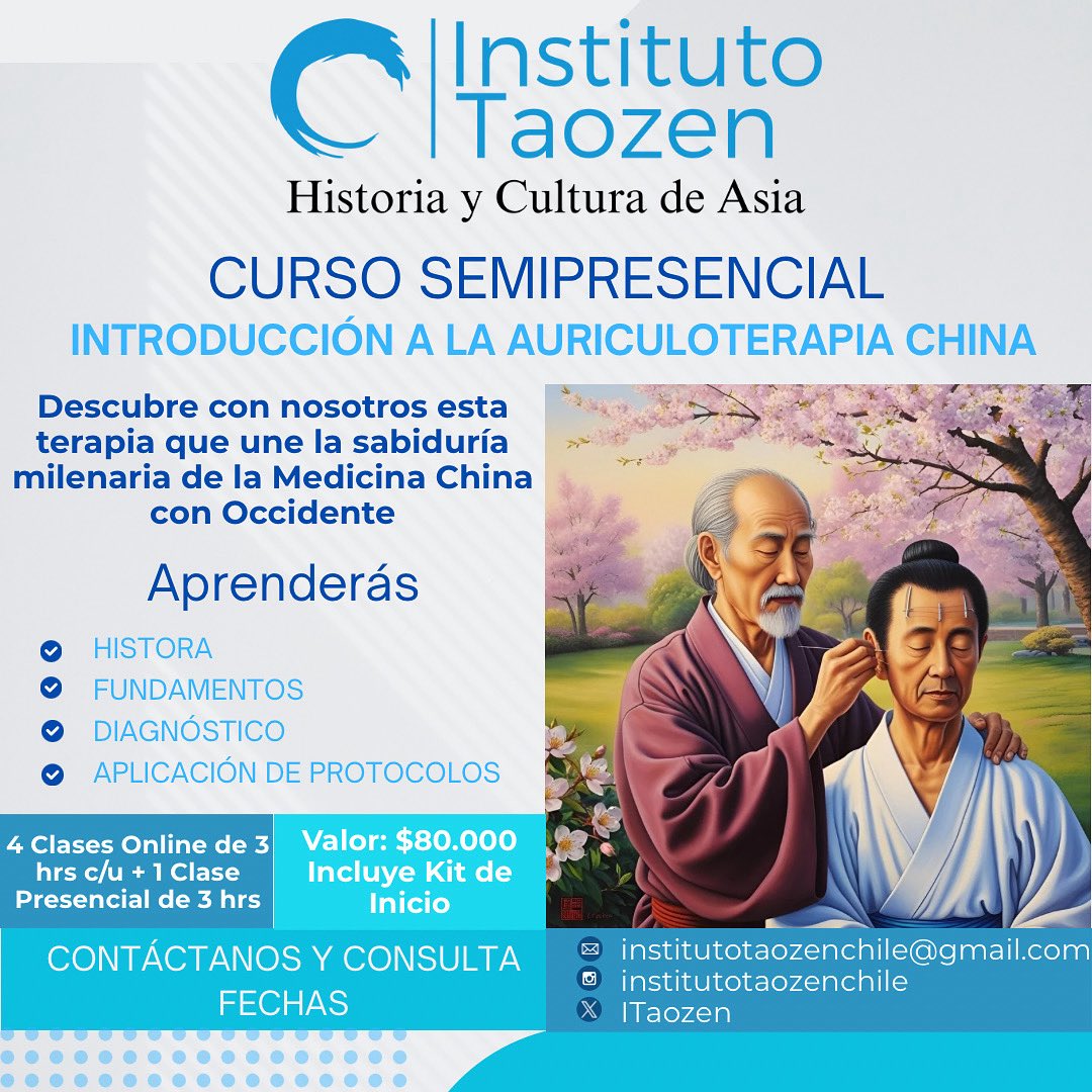 ITaozen's tweet photo. Les presentamos nuestro curso semi presencial de Introducción a la Auriculoterapia China. Son 4 clases online de 3 hrs c/u + 1 clase presencial práctica de 3 hrs. ¿Quieres recibir el programa del curso o hacer una consulta? Escríbenos a institutotaozenchile@gmail.com #mtch #China https://t.co/PyYl6vJL69