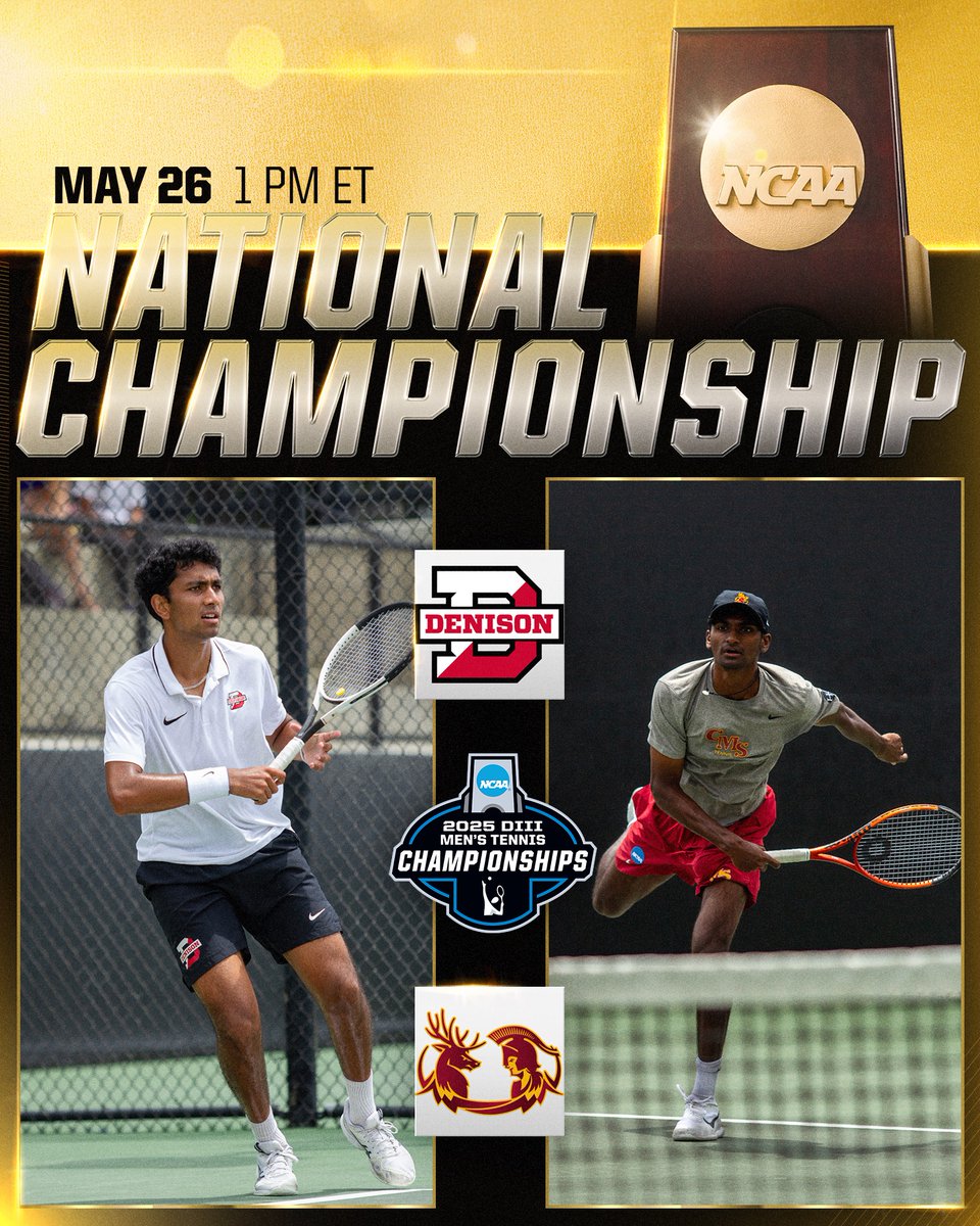 NCAA Division III (@ncaadiii) on Twitter photo The Stage Is Set 🎾
Kael Shah of <a href="/DenisonSports/">denisonsports</a> and Advik Mareedu of <a href="/AthleticsCMS/">CMS Athletics</a> will battle for the NCAA DIII Men's Singles National Championship.
#WhyD3 ┃ #D3tennis The Stage Is Set 🎾
Kael Shah of <a href="/DenisonSports/">denisonsports</a> and Advik Mareedu of <a href="/AthleticsCMS/">CMS Athletics</a> will battle for the NCAA DIII Men's Singles National Championship.
#WhyD3 ┃ #D3tennis