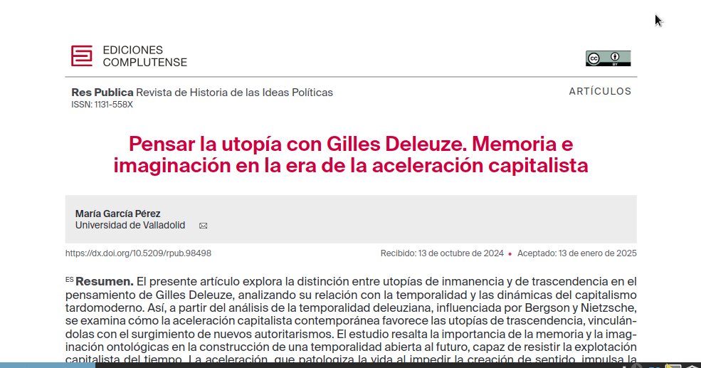 Mthemgp's tweet photo. Vol.  28 Núm. 1 (2025): Repensando la Imaginación en Tiempos de  Crisis: Enfoques Teóricos e Implicaciones Pragmáticas, en Res Publica. Gracias a MUSSOL (UOC) :)  Mi artículo: Pensar la utopía con Gilles Deleuze: https://t.co/cikKCGCfMY
Nº completo: https://t.co/jog3AZmswQ https://t.co/Fko4BgEZlc