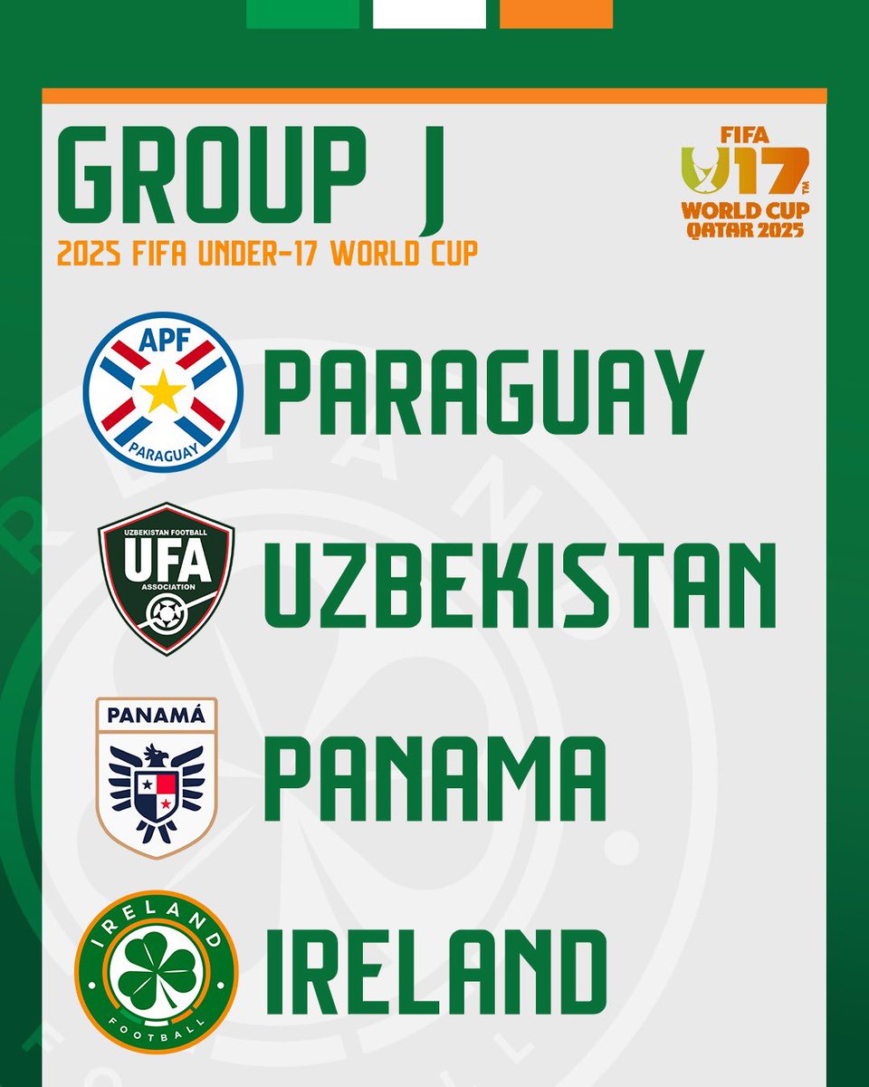 CONFIRMED | Ireland MU17s’ World Cup Group for the U17 World Cup in Qatar 🏆

Colin O’Brien’s team have been drawn against Paraguay, Uzbekistan and Panama in Group J 🇵🇾🇺🇿🇵🇦🇮🇪

The Tournament begins November 3 

#IRLU17 | #COYBIG