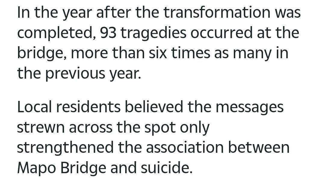 🇰🇷 South Korea had a problem with people jumping off its Mapo Bridge for suicide

It responded by letting Samsung rebrand the bridge as "the bridge of life", adorning it with pictures of happy families and hopeful slogans like: "the sun will rise tomorrow"

This led to a sixfold