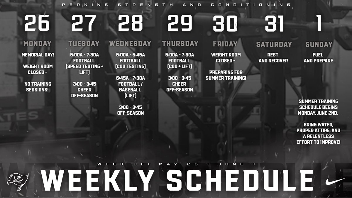 perkinsstrength's tweet image. Weekly Schedule: May 26- June 1
Wrapping up the school year, and Spring Training!!
We will transition to our Summer Training Schedule Monday, June 2nd. Please see previous provided schedule.
Go Pirates!
@PerkinsATH
@BriarMiddle
@PerkinsHigh