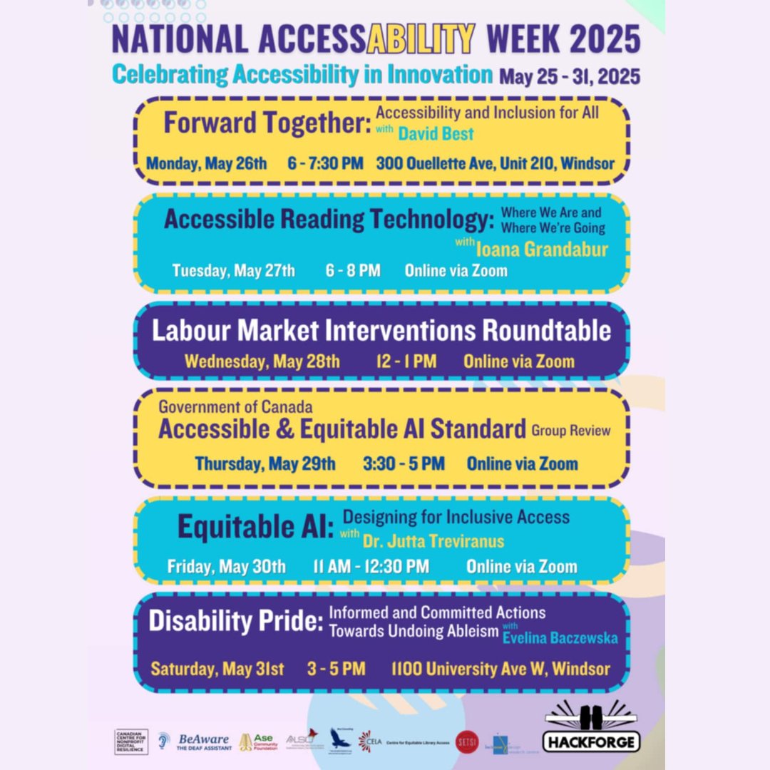 Celebrate National AccessAbility Week with Windsor <a href="/hackforge/">Windsor Hackforge</a>!

Join us May 26–31 for 6 FREE events focused on accessibility, inclusion, and equitable tech. Attend in-person or online!

Full details: hackf.org/events

#NationalAccessAbilityWeek #NAAW2025 #WindsorEssex #yqg