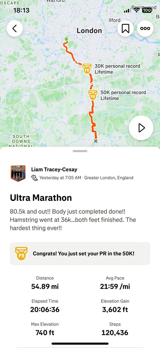 YouLoveCess's tweet image. Yesterday I attempted the 100k Ultra London 2 Brighton for @mndassoc which my oldman is battling. Unfortunately, I didn’t quite get to the finish line I managed to clock in 80.5k which is a remarkable achievement. Sore is an understatement 🤣 @UltraChallenges #L2BChallenge