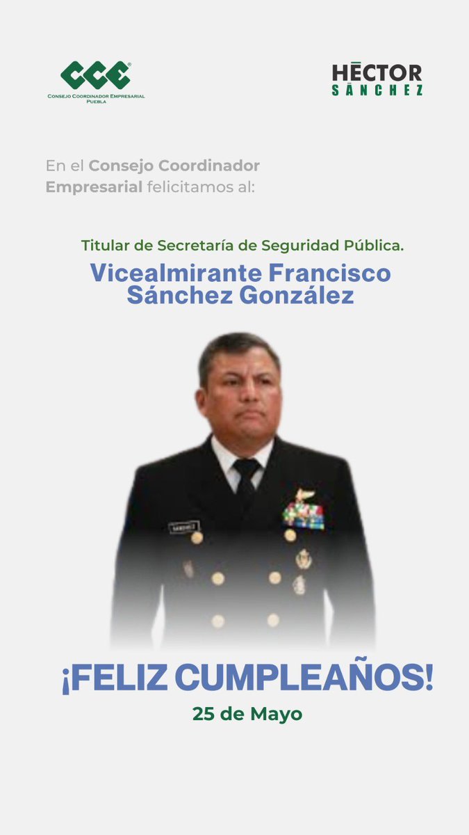 Felicitamos al Vicealmirante Francisco Sánchez González, titular de la Secretaría de Seguridad Pública, por su compromiso con Puebla.

¡Le deseamos un muy feliz cumpleaños!