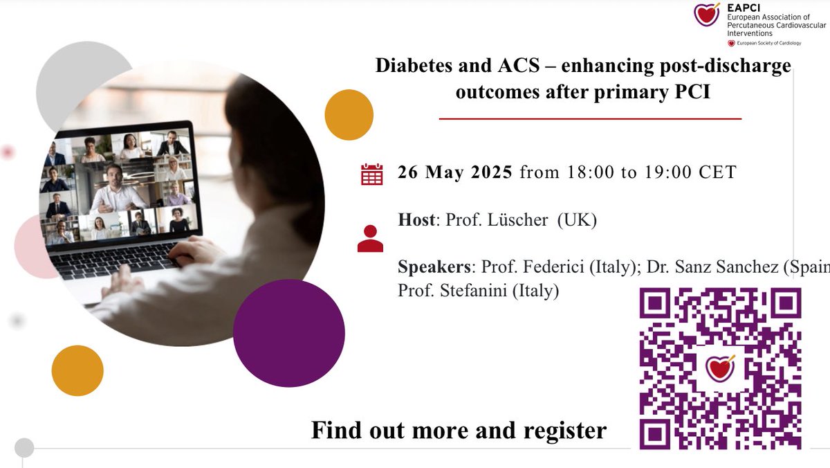 Nikos Pyrpyris (@pyrpyris) on Twitter photo #EuroPCR may be over, but #learning continues 📚
🚨Join the second webinar of the #EAPCI series on #diabetes and #ACS ⬇️
❓Topic
Enhancing post-discharge outcomes after primary PCI
📆 When
Monday 26 May, 18.00 CET
🔗Link
esc365.escardio.org/event/1991
<a href="/EAPCIPresident/">EAPCIPresident</a> <a href="/TomLuscher/">CardioTomLuscher</a> #EuroPCR may be over, but #learning continues 📚
🚨Join the second webinar of the #EAPCI series on #diabetes and #ACS ⬇️
❓Topic
Enhancing post-discharge outcomes after primary PCI
📆 When
Monday 26 May, 18.00 CET
🔗Link
esc365.escardio.org/event/1991
<a href="/EAPCIPresident/">EAPCIPresident</a> <a href="/TomLuscher/">CardioTomLuscher</a>