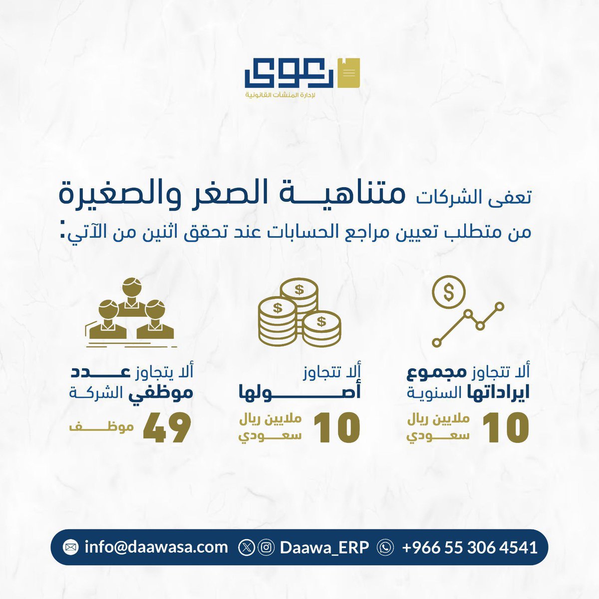 تعفى الشركات متناهية الصغر والصغيرة من متطلب تعيين مراجع الحسابات عند تحقق اثنين من الآتي 💡⚖️

#ثقافة_قانونية #محامي