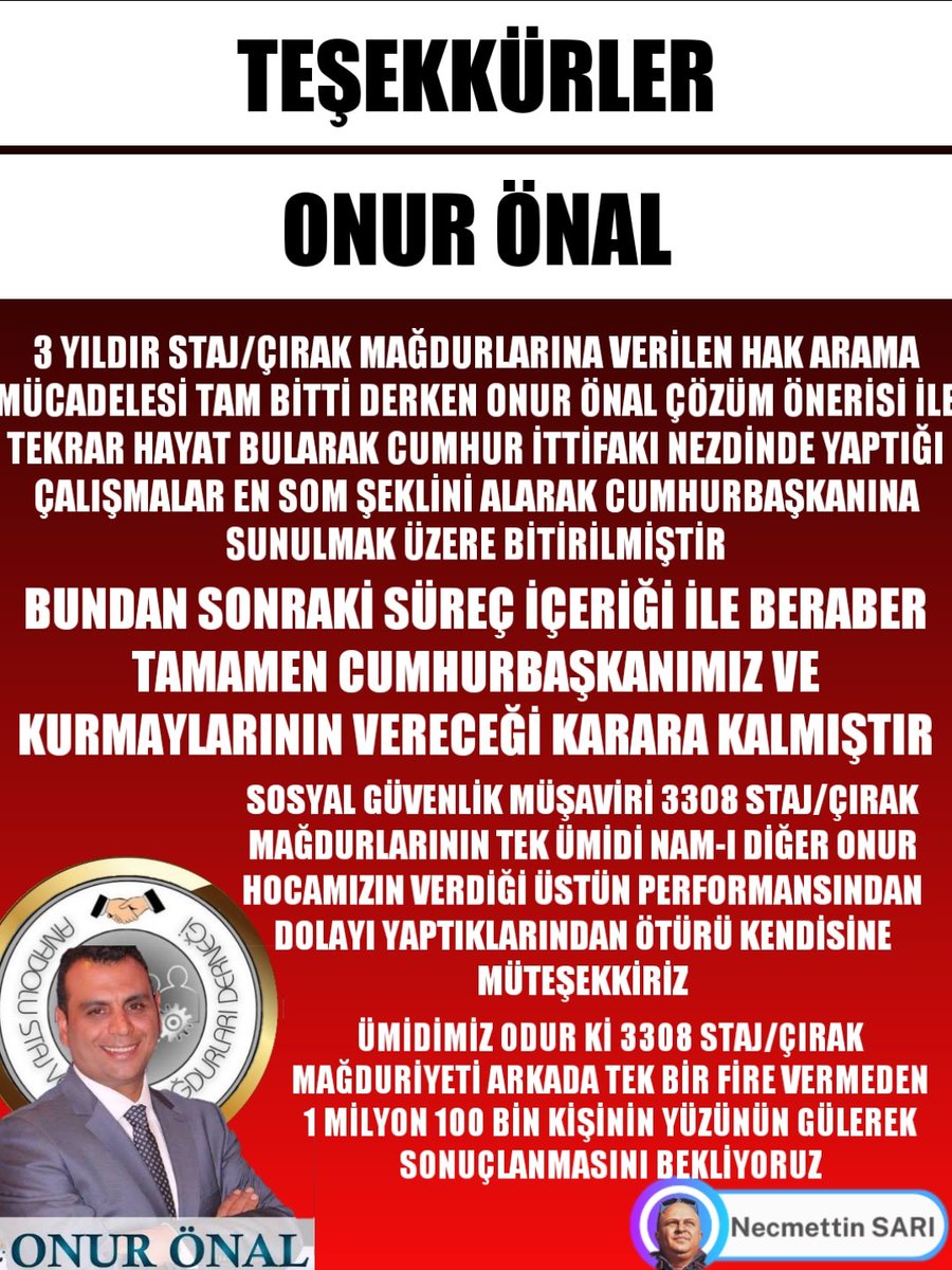 <a href="/ElifGne945976/">🇹🇷Elif 🇹🇷</a> <a href="/Ilker0109/">ilker</a> <a href="/platfrmcirakstj/">STAJ VE ÇIRAKLIK SİGORTASI MAĞDURLARI PLATFORMU</a> <a href="/RTErdogan/">Recep Tayyip Erdoğan</a> <a href="/isikhanvedat/">Prof. Dr. Vedat Işıkhan</a> <a href="/csgbakanligi/">T.C. Çalışma ve Sosyal Güvenlik Bakanlığı</a> <a href="/MSCANBAL/">Mehmet Salih CANBAL</a> <a href="/MuratCahidCINGI/">Dr.Murat Cahid CINGI</a> <a href="/cbsbb/">T.C. Cumhurbaşkanlığı Strateji ve Bütçe Başkanlığı</a> <a href="/TCCBHPK/">Cumhurbaşkanlığı Hukuk Politikaları Kurulu</a> <a href="/Tisk_kurumsal/">TİSK</a> <a href="/dbdevletbahceli/">Devlet Bahçeli</a> <a href="/Onuronal_/">Onur Önal</a> <a href="/MHP_Bilgi/">MHP</a> <a href="/RTEdijital/">Erdoğan Dijital Medya</a> <a href="/Mustafa_Destici/">Mustafa Destici</a> <a href="/_cevdetyilmaz/">Cevdet Yılmaz</a> <a href="/tcmeb/">Millî Eğitim Bakanlığı</a> <a href="/TatarHummet/">Hümmet TATAR</a> <a href="/yilmaztunc/">Yılmaz TUNÇ</a> <a href="/erkanakcay45/">Erkan Akçay</a> <a href="/mfatihkacir/">Mehmet Fatih KACIR</a> <a href="/Yusuf__Tekin/">Yusuf Tekin</a> <a href="/memetsimsek/">Mehmet Simsek</a> <a href="/TCSanayi/">Sanayi ve Teknoloji Bakanlığı</a> <a href="/Akparti/">AK Parti</a> <a href="/dogansenturk/">Doğan Şentürk</a> <a href="/selcukktepeli/">Selçuk Tepeli</a> <a href="/osman_girgin/">Osman Girgin</a> <a href="/ekremacikel/">Ekrem Açıkel</a> <a href="/tarkankalelitv/">Tarkan Kaleli</a> <a href="/ErcanSeki/">ERCAN SEKİ</a> <a href="/ERKANTAN__/">ERKAN TAN</a> <a href="/mesutyar/">Mesut Yar</a> <a href="/kubrapc/">kübra par</a> <a href="/merveyildirimtv/">merve yıldırım</a> <a href="/melihaokur2/">Meliha Okur</a> <a href="/ifarukaksu/">İsmail Faruk Aksu</a> <a href="/hlmdrgn/">Hilmi DURGUN</a> <a href="/UlviYonter/">Dr.İzzet Ulvi YÖNTER</a> <a href="/bakiersoymhp/">BAKİ ERSOY</a> <a href="/fevzizirhlioglu/">Fevzi Zırhlıoğlu</a> <a href="/buyukataman/">İsmet Büyükataman</a> <a href="/MKalayci42/">Mustafa Kalaycı</a> <a href="/saffetsancakli/">Saffet Sancaklı</a> <a href="/M_Levent_Bulbul/">Muhammed Levent BÜLBÜL</a> <a href="/nevintaslicay/">Nevin Taşlıçay</a> <a href="/PrfDrFilizKilic/">Prof. Dr. Filiz KILIÇ</a> Hep birlikte güçlüyüz 
Mesleğin Özendirilmesi Hedefse
MESLEK ÖĞRENMEK İCİN EMEK VERENDEN GELECEK GARANTİSİ TAM SİGORTA ESİRGENMESİN 

<a href="/RTErdogan/">Recep Tayyip Erdoğan</a>
<a href="/dbdevletbahceli/">Devlet Bahçeli</a>
Yüzyılın Türkiye'sinde
#3308RevizeEdilsin
#StajyerÇırağaTamSigorta