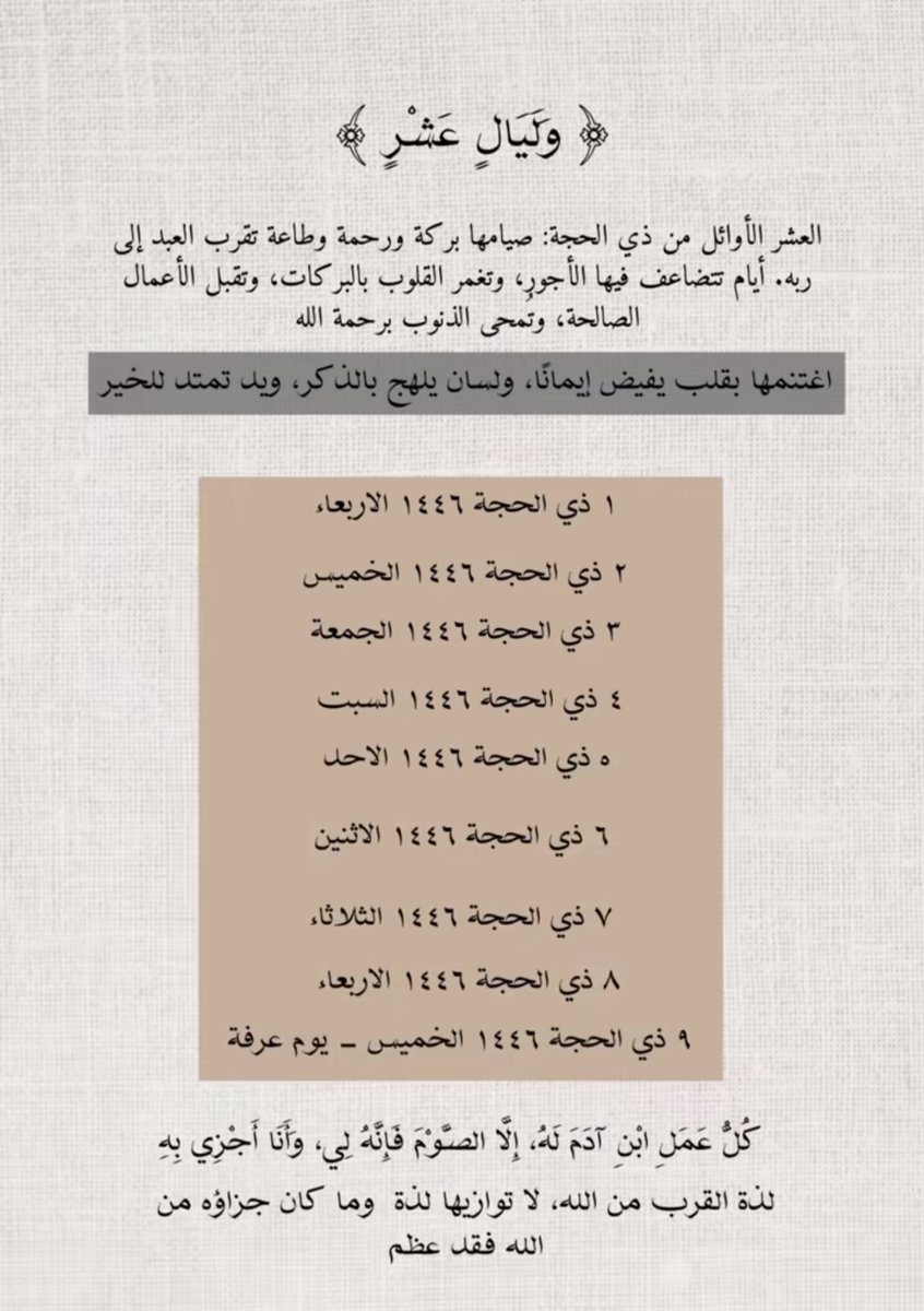 al_tyby88868's tweet photo. فضل صوم يوم عرفة قال النبي ﷺ في صومه: (أحتسب على الله أن يكفر السنة التي قبله والتي بعده) هذا يوم عرفة.
أيضًا: صوم تسع ذي الحجة كلها، قال النبي ﷺ فيما صح عنه: (ما من أيام العمل الصالح فيهن أحب إلى الله من هذه الأيام العشر) ولا شك أن الصوم من العمل الصالح.
#عشر_ذي_الحجة https://t.co/BhySRnOj4a