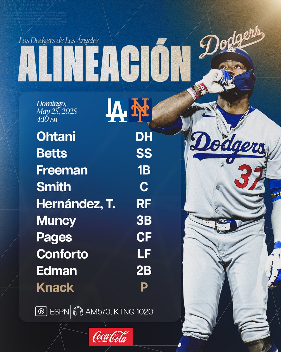 Alineación de #LosDodgers del día de hoy ante los Mets: