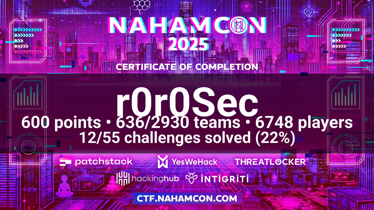 r0r0Sec (@r0r0sec) on Twitter photo What an amazing CTF experience - seriously, it was a blast. I learned a ton and I hope everyone else did too. No doubt I’ll be back next year! Thanks to @nahamsec <a href="/_JohnHammond/">John Hammond</a> <a href="/BuildHackSecure/">Adam Langley</a> @HuskyHacksMK <a href="/kkevsterrr/">Kevin Bock</a> and all others involved!
#NahamCon2025 What an amazing CTF experience - seriously, it was a blast. I learned a ton and I hope everyone else did too. No doubt I’ll be back next year! Thanks to @nahamsec <a href="/_JohnHammond/">John Hammond</a> <a href="/BuildHackSecure/">Adam Langley</a> @HuskyHacksMK <a href="/kkevsterrr/">Kevin Bock</a> and all others involved!
#NahamCon2025