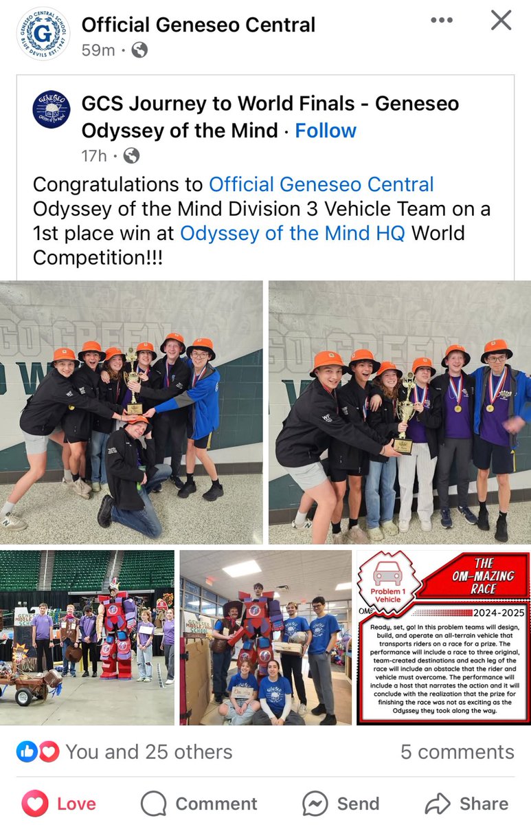 Congratulations <a href="/GeneseoCSD/">Geneseo CSD</a> Odyssey of the Mind team on the first place finish at the World Competition! What an amazing accomplishment! #OdysseyOfTheMind! #champions #ProblemSolving #Teamwork
