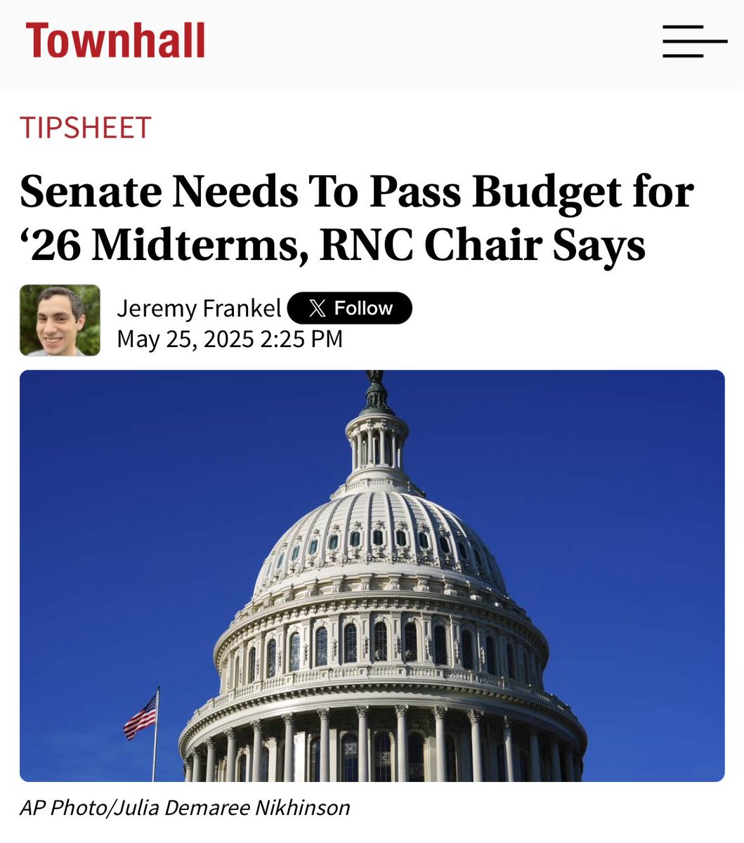 Jeremy Frankel (@frankeljeremy) on Twitter photo Tipsheet <a href="/townhallcom/">Townhall.com</a>
Senate Needs To Pass Budget for ā26 Midterms, RNC Chair Says
townhall.com/tipsheet/jerem⦠Tipsheet <a href="/townhallcom/">Townhall.com</a>
Senate Needs To Pass Budget for ā26 Midterms, RNC Chair Says
townhall.com/tipsheet/jeremā¦