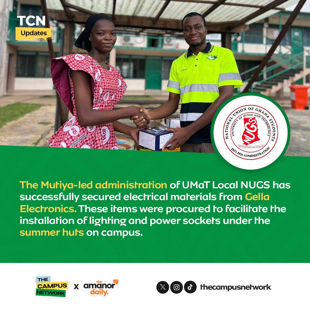 thecampusnet_'s tweet photo. The Mutiya-led administration of UMaT Local NUGS has successfully secured electrical materials from Gella Electronics. These items were procured to facilitate the installation of lighting and power sockets under the summer huts on campus. https://t.co/oWo0CfHDid