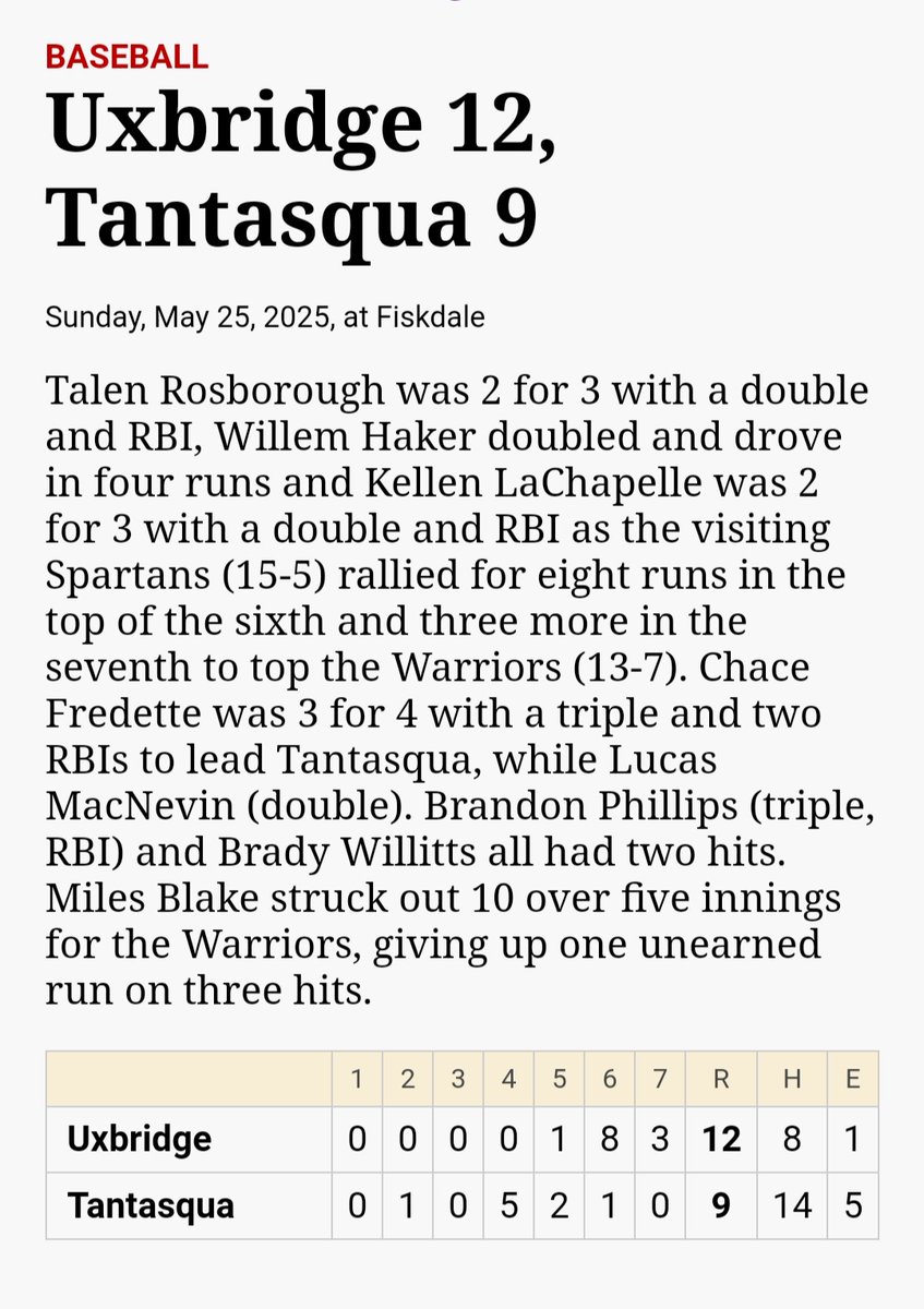 Great comeback team victory for <a href="/UHS_Spartans/">𝐔𝐱𝐛𝐫𝐢𝐝𝐠𝐞 𝐒𝐩𝐚𝐫𝐭𝐚𝐧𝐬</a> baseball team today to complete regular season with 15-5 record. Ready for <a href="/MIAA033/">MIAA</a> state playoffs to begin!