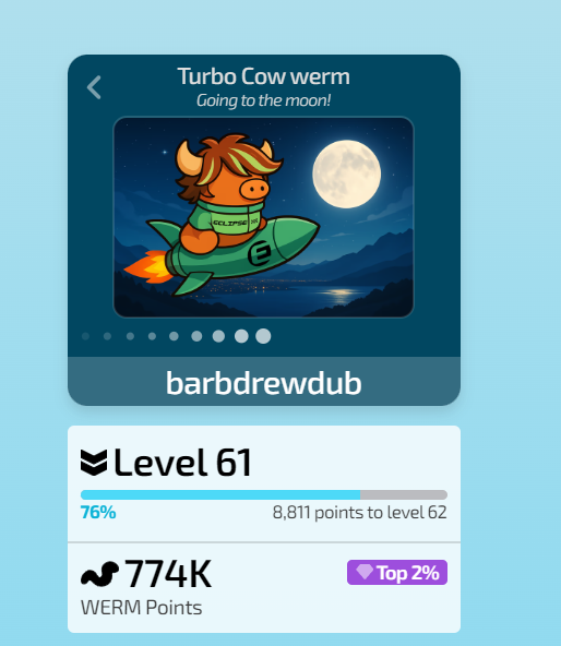 jshonprap's tweet photo. Climbing up the WERM ladder! ๐ช
Level 38 and counting โ 179K points ๐ฅ
Top 6% and not stopping anytime soon ๐
Letโs see who I can pass next ๐งโโ๏ธ
#wermfun #LeaderboardBattle @werm_fun @EclipseFND https://t.co/stUalefGYX