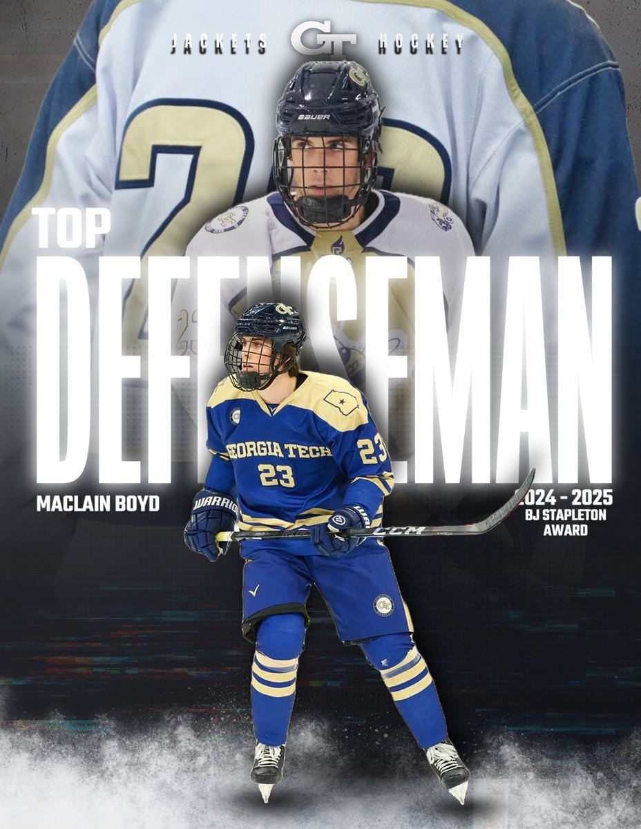 Congratulations to Maclain Boyd for receiving the 2024-2025 Georgia Tech Hockey BJ Stapleton Top Defenseman Award! 

This award is given annually to the top Georgia Tech Defenseman, as selected by the coaching staff. Maclain consistently shut down top offensive opponents.