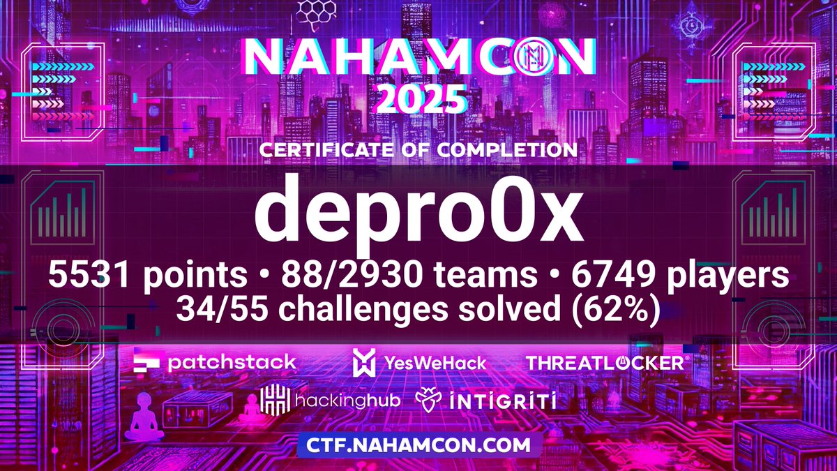 Depro (@depro0x) on Twitter photo I participated in the NahamCon 2025 CTF! Thanks @nahamsec <a href="/_JohnHammond/">John Hammond</a> <a href="/BuildHackSecure/">Adam Langley</a> @HuskyHacksMK <a href="/kkevsterrr/">Kevin Bock</a> and all others involved! #NahamCon2025 I participated in the NahamCon 2025 CTF! Thanks @nahamsec <a href="/_JohnHammond/">John Hammond</a> <a href="/BuildHackSecure/">Adam Langley</a> @HuskyHacksMK <a href="/kkevsterrr/">Kevin Bock</a> and all others involved! #NahamCon2025