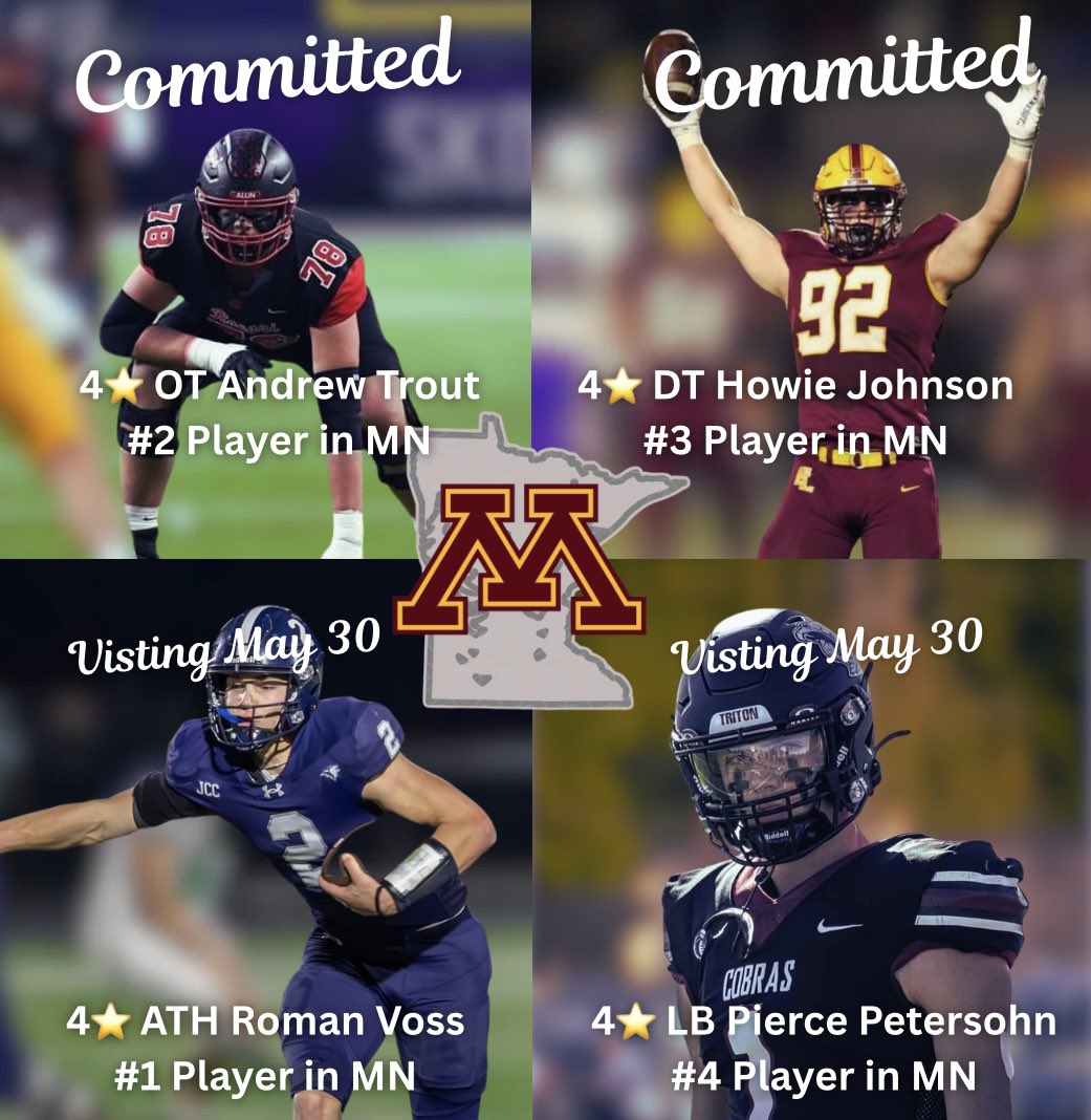 KoiGophersRTB (@koigophersrtb) on Twitter photo Minnesota has landed the state's top recruit 4 years in a row, and 2026 could boost in-state recruiting even further.
For the first time since 2021, the state of MN has produced four in-state 4โญ๏ธrecruits, but unlike 2021 the Gophers are contenders for all four!๐ฃ<a href="/GopherFootball/">Minnesota Football</a> Minnesota has landed the state's top recruit 4 years in a row, and 2026 could boost in-state recruiting even further.
For the first time since 2021, the state of MN has produced four in-state 4โญ๏ธrecruits, but unlike 2021 the Gophers are contenders for all four!๐ฃ<a href="/GopherFootball/">Minnesota Football</a>