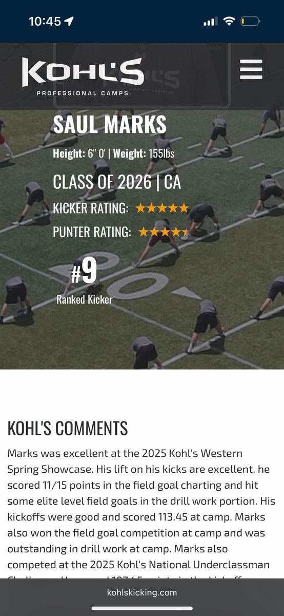 Saul Marks 5⭐️ (@saulmarkskicker) on Twitter photo I am incredibly grateful to have earned my 5⭐️ and my ranking of #9 in 🇺🇸 and #1 in CA with <a href="/KohlsKicking/">Kohl's Kicking Camps</a>.
<a href="/PadreFootball_/">Serra Padres Football</a> <a href="/coachwalsh20/">Patrick Walsh</a> <a href="/coachmons/">Coachmons</a> <a href="/RonOrtiz77/">Ron Ortiz</a> <a href="/DariusBell_3/">Darius Fautua Bell</a> <a href="/CoachMattVinal/">Matty V</a> <a href="/blackfor3/">Michael Black</a> <a href="/HKA_Tanalski/">Adam</a> <a href="/8nicknovak/">Nick Novak</a> <a href="/JamesLangford86/">James Langford</a> <a href="/coachripshwtime/">coachripshowtime</a> <a href="/FentressKicking/">Fentress Kicking</a> I am incredibly grateful to have earned my 5⭐️ and my ranking of #9 in 🇺🇸 and #1 in CA with <a href="/KohlsKicking/">Kohl's Kicking Camps</a>.
<a href="/PadreFootball_/">Serra Padres Football</a> <a href="/coachwalsh20/">Patrick Walsh</a> <a href="/coachmons/">Coachmons</a> <a href="/RonOrtiz77/">Ron Ortiz</a> <a href="/DariusBell_3/">Darius Fautua Bell</a> <a href="/CoachMattVinal/">Matty V</a> <a href="/blackfor3/">Michael Black</a> <a href="/HKA_Tanalski/">Adam</a> <a href="/8nicknovak/">Nick Novak</a> <a href="/JamesLangford86/">James Langford</a> <a href="/coachripshwtime/">coachripshowtime</a> <a href="/FentressKicking/">Fentress Kicking</a>