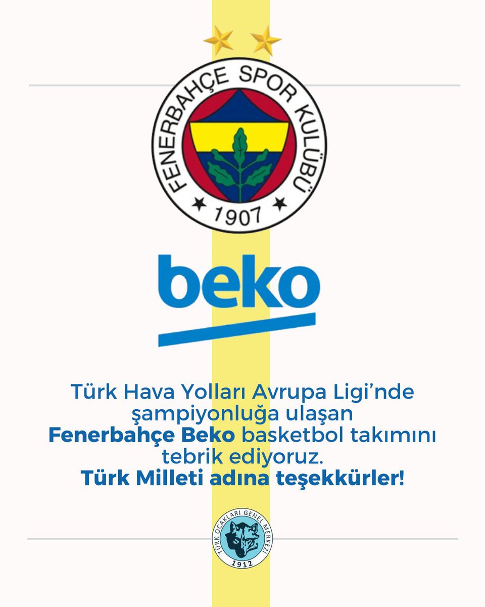 Türk Ocakları 🇹🇷 (@turkocaklari) on Twitter photo Türk Hava Yolları Avrupa Ligi’nde şampiyonluğa ulaşan Fenerbahçe Beko basketbol takımını tebrik ediyoruz. Türk Milleti adına teşekkürler!
<a href="/FBBasketbol/">Fenerbahçe Beko</a> <a href="/EuroLeague/">Turkish Airlines EuroLeague</a> Türk Hava Yolları Avrupa Ligi’nde şampiyonluğa ulaşan Fenerbahçe Beko basketbol takımını tebrik ediyoruz. Türk Milleti adına teşekkürler!
<a href="/FBBasketbol/">Fenerbahçe Beko</a> <a href="/EuroLeague/">Turkish Airlines EuroLeague</a>