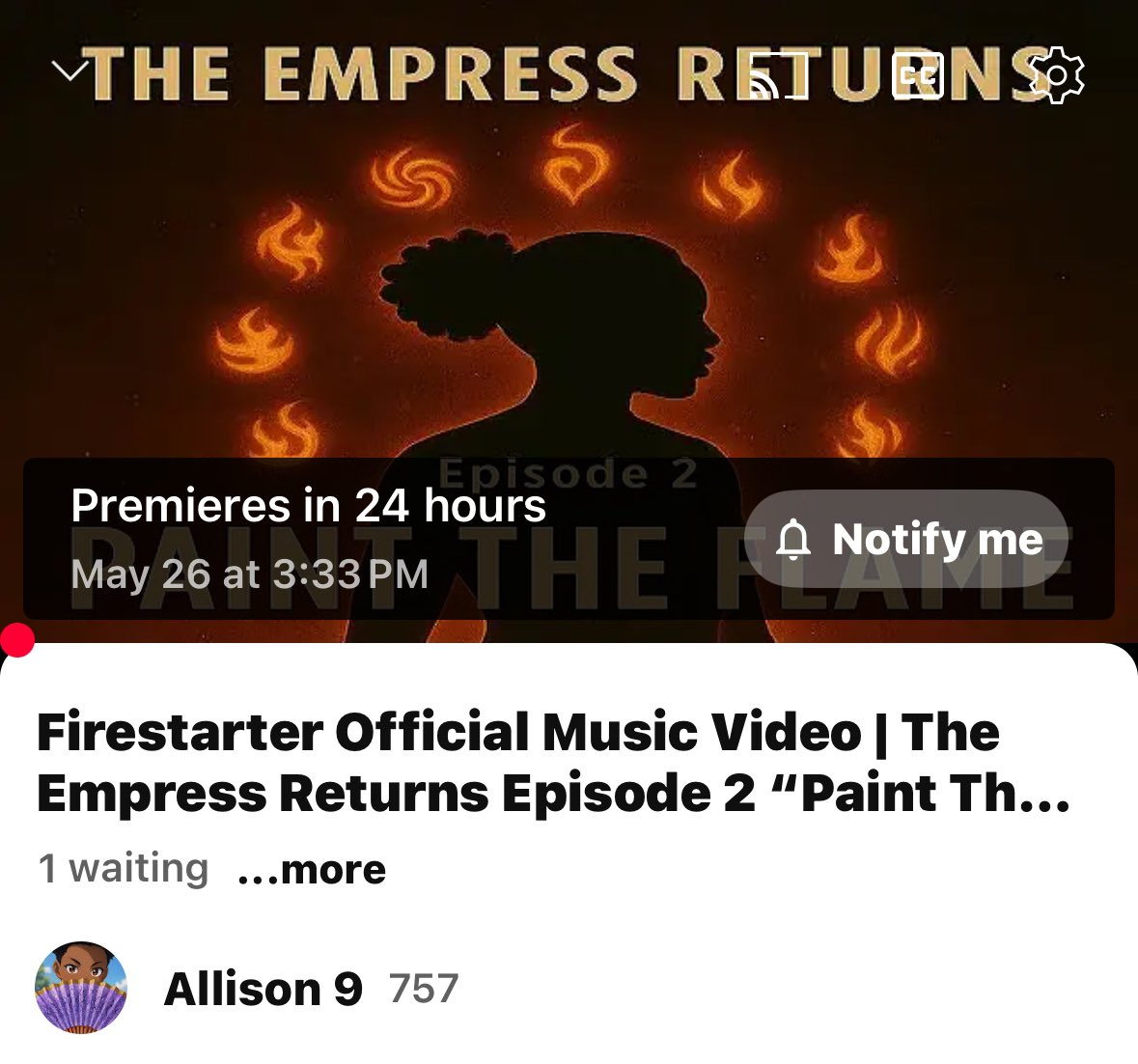 allison9music's tweet photo. Are you ready? The Empress Returns: Paint The Flame 🔥 rises tomorrow on my YouTube Channel. Be sure to subscribe to be notified!

P.S. Episode 1 is sitting at 9,900+ views! Let’s get it to 10k before tomorrow. Link to my channel is in the bio. 🤓 https://t.co/V3nTCaMNB7