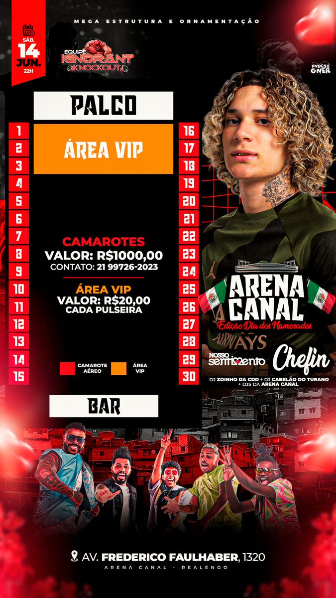 CAMAROTES ARENA CANAL
R$ 1000,00
10 PULSEIRAS E 2 ROLHAS
 
🎙️CHEFIN - SHOW COMPLETO 
🎙️NOSSO SENTIMENTO - SHOW COMPLETO 
🪩 DJS CABELÃO DO TURANO &amp; ZOINHO DA CDD
+ DJS DO COMPLEXO DO JN 🇲🇽

Contato (21) 99246-2013