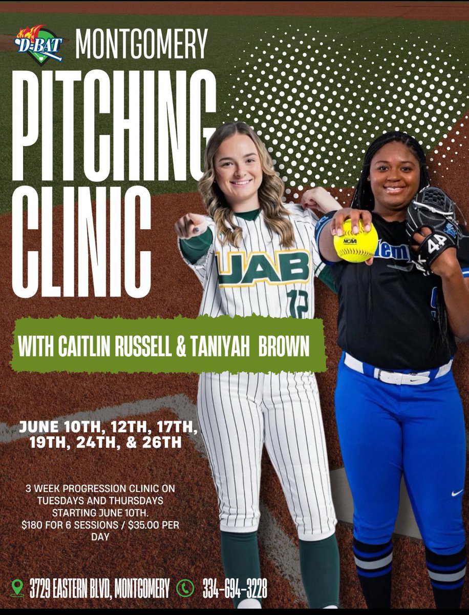 🥎 Softball Players 🥎

We’ve got a A Special Pitching camp for you! Come Join UAB’s Caitlin Russell &amp; Memphis’s  Taniyah Brown Tuesday &amp; Thursday in June! #dbatmontgomery