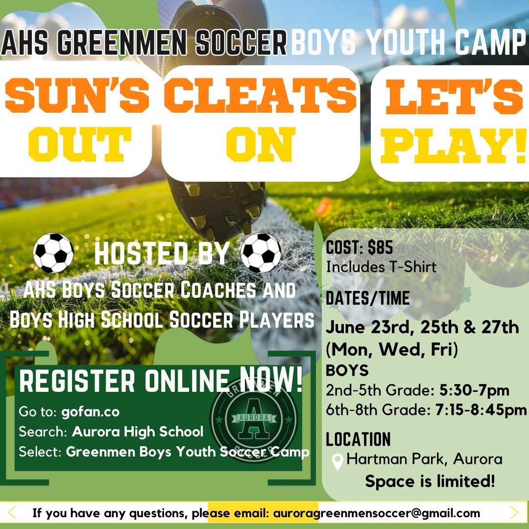 AHS Greenmen Boys Youth Soccer Camp! Our Coaches and Players can’t wait to host our youth players for some fun in the 🌞!!! GO GREENMEN!