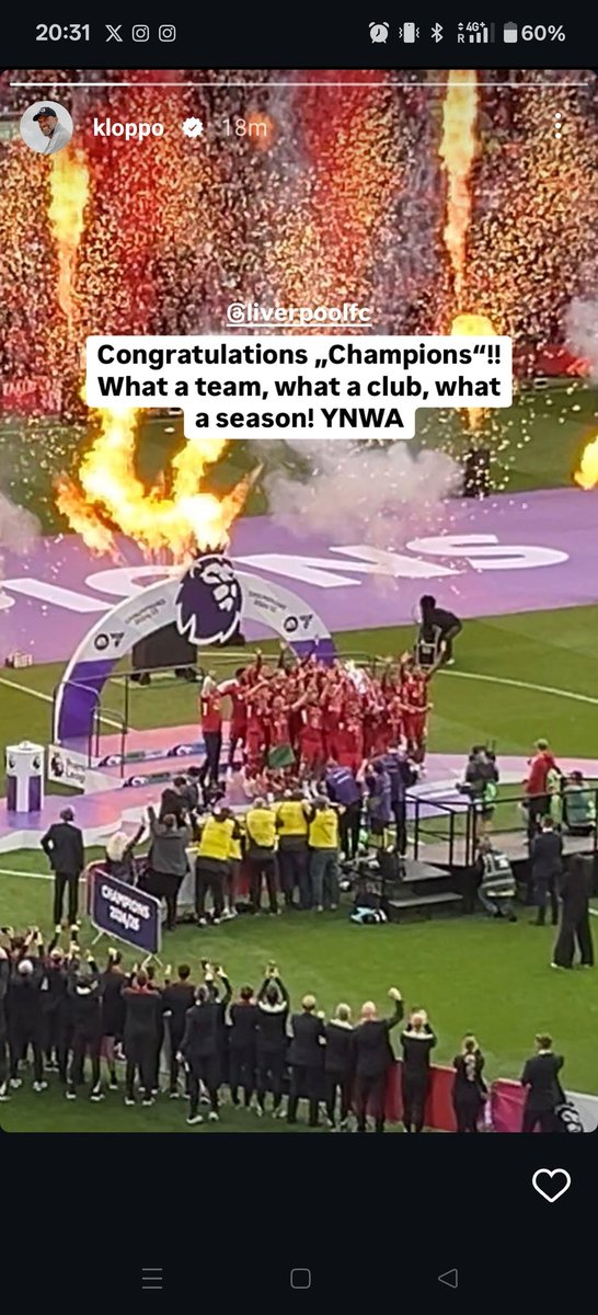 AnythingLFC_'s tweet photo. Jurgen Klopp on Instagram:

"Congratulations, Champions!  What a team, what a club, what a season! YNWA!" https://t.co/eHBJWkroSK