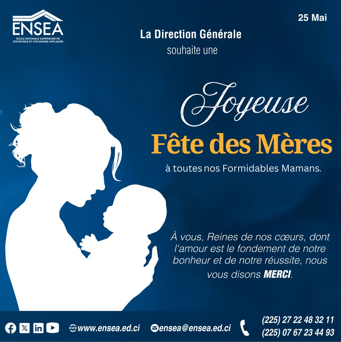 ENSEA d'Abidjan Officiel (@enseao) on Twitter photo Dr. #Hugues_KOUADIO, Directeur Général de l' <a href="/EnseaO/">ENSEA d'Abidjan Officiel</a> d'Abidjan souhaite une Bonne fête des #Mères à toutes les #Femmes de la communauté #Statistique.
<a href="/the_ACEProject/">Africa Higher Ed. Centers of Excellence-ACE Impact</a> , <a href="/ESAfricaRegion/">Econometric Society Africa Region</a> , <a href="/AFD_France/">Agence Française de #Développement (AFD) 🇫🇷 🇪🇺</a> , <a href="/afristat_org/">AFRISTAT</a> , <a href="/ENSAE_DK/">ENSAE</a> , <a href="/AAU_67/">Association of African Universities</a> Dr. #Hugues_KOUADIO, Directeur Général de l' <a href="/EnseaO/">ENSEA d'Abidjan Officiel</a> d'Abidjan souhaite une Bonne fête des #Mères à toutes les #Femmes de la communauté #Statistique.
<a href="/the_ACEProject/">Africa Higher Ed. Centers of Excellence-ACE Impact</a> , <a href="/ESAfricaRegion/">Econometric Society Africa Region</a> , <a href="/AFD_France/">Agence Française de #Développement (AFD) 🇫🇷 🇪🇺</a> , <a href="/afristat_org/">AFRISTAT</a> , <a href="/ENSAE_DK/">ENSAE</a> , <a href="/AAU_67/">Association of African Universities</a>