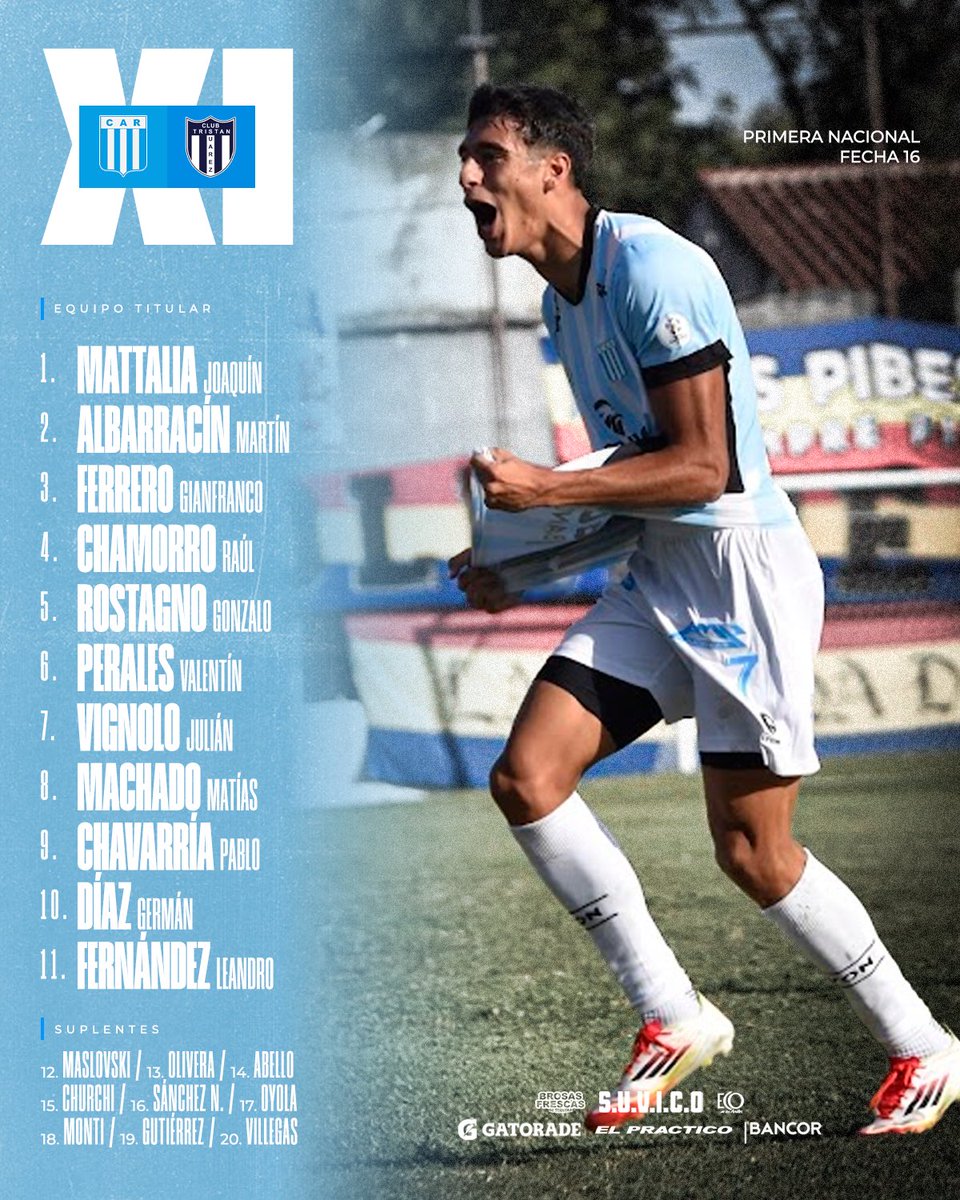 ¡El 11 inicial de la Academia para recibir a Tristán Suárez! 

¡Vamos Racing! 🇸🇲👊🏼