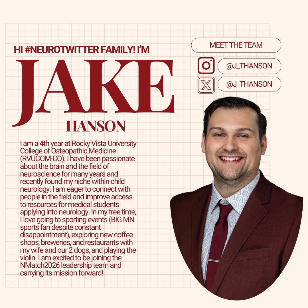 NeurologyMATCH2025 (@nmatch2025) on Twitter photo Here he is! Jake Hanson <a href="/J_thanson/">Jake Hanson</a>, future child neurologist, current @nmatch2026 leader, and MS4 at Rocky Vista University College of Osteopathic Medicine <a href="/RockyVistaU/">Rocky Vista University</a>. Jake is an avid Minnesota sports fan, enjoyer of good eats, and violin player! 🏒🎻✨ #NMatch #Neurology Here he is! Jake Hanson <a href="/J_thanson/">Jake Hanson</a>, future child neurologist, current @nmatch2026 leader, and MS4 at Rocky Vista University College of Osteopathic Medicine <a href="/RockyVistaU/">Rocky Vista University</a>. Jake is an avid Minnesota sports fan, enjoyer of good eats, and violin player! 🏒🎻✨ #NMatch #Neurology