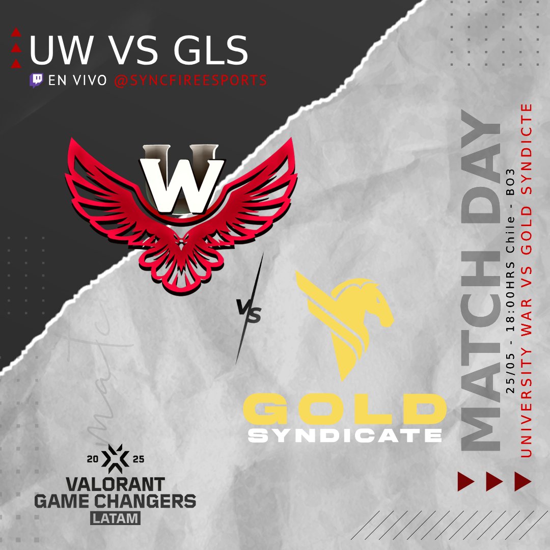 University War (@universitywarg) on Twitter photo 💢Lower Final 💢
Hoy nos jugamos nuestro pase a la Gran Final.
Nos jugamos nuestra ultima vida.
#VCTGameChangers con <a href="/SyncFireENT/">SyncFire Entertainment</a>
🆚 <a href="/GoldSyndicateLA/">Gold Syndicate</a>
📺twitch.tv/syncfireesports
🕐EN VIVO 🇨🇱🇦🇷🇧🇷🇲🇽 💢Lower Final 💢
Hoy nos jugamos nuestro pase a la Gran Final.
Nos jugamos nuestra ultima vida.
#VCTGameChangers con <a href="/SyncFireENT/">SyncFire Entertainment</a>
🆚 <a href="/GoldSyndicateLA/">Gold Syndicate</a>
📺twitch.tv/syncfireesports
🕐EN VIVO 🇨🇱🇦🇷🇧🇷🇲🇽