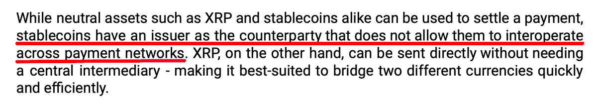 There's a reason why stablecoins will NOT replace the role of XRP, something vast majority of people are unaware of.

In a letter by Ripple to the Australian government in 2023 they revealed critical information:

"stablecoins have an issuer as the counterparty that does not